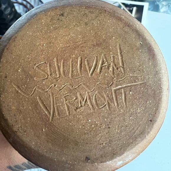 Studio Art Vase Pottery Stoneware Blue Brown Geometric Carved Sullivan Vermont - Picture 6 of 6